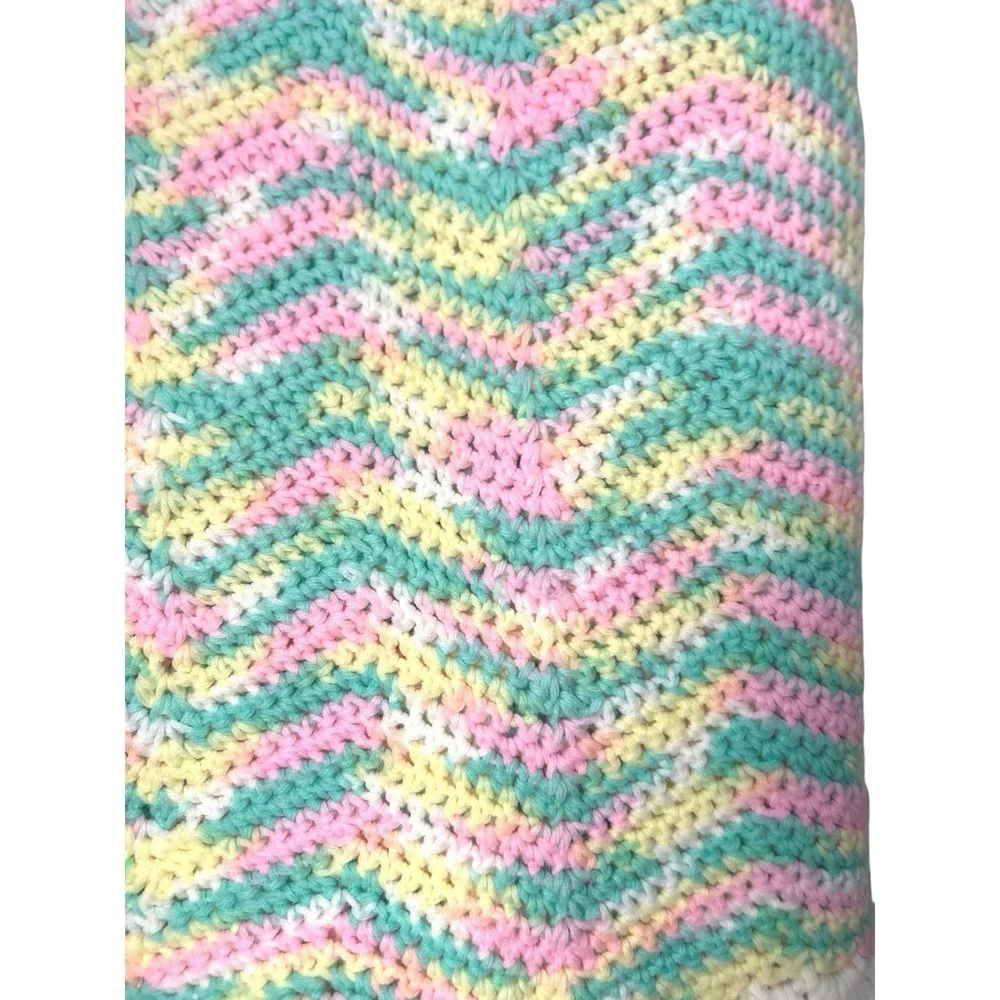 Handmade Chevron Knit Baby Blanket Pink Mint Yellow Scalloped Grannycore Cottage